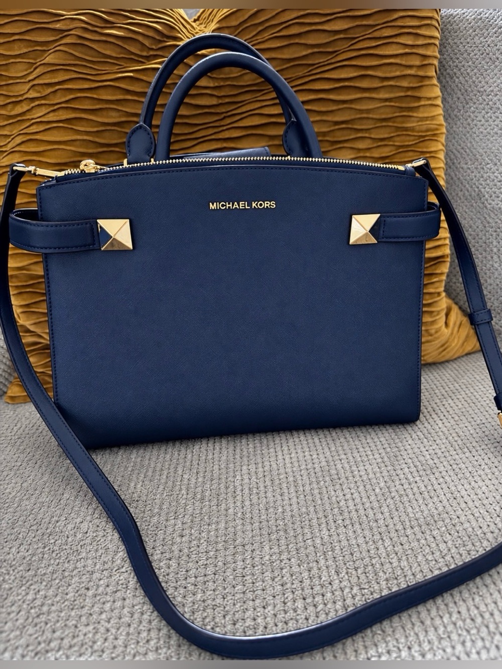 Michael Kors Navy Saffiano Satchel with Gold Hardware
